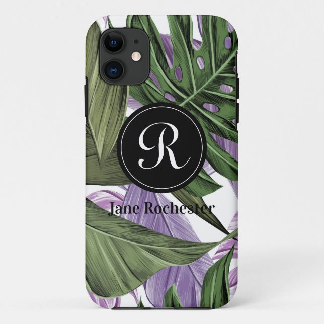 Capa Para iPhone 11 Roxo Verde Tropical de Verão deixa monograma (Verso)