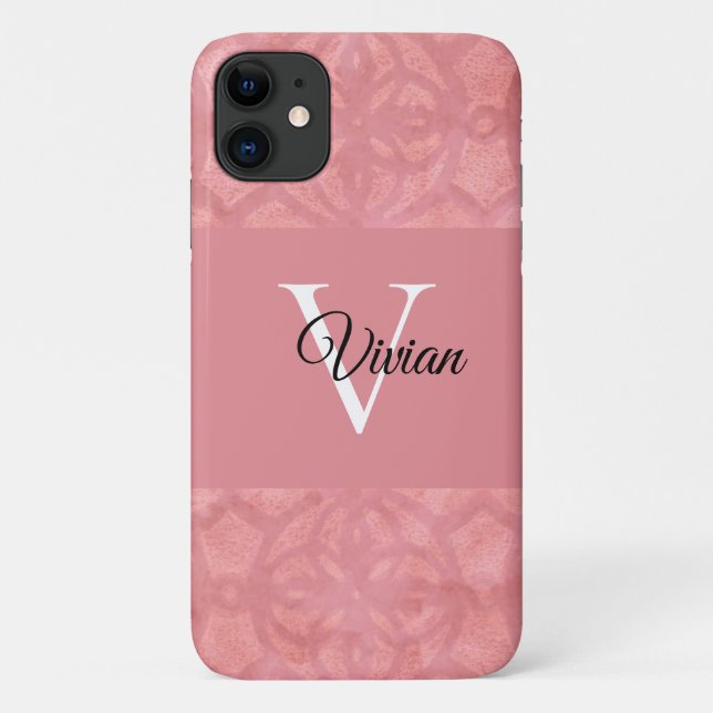 Capa Para iPhone 11 Ruddy Pink Batik Name Monogrammed (Verso)