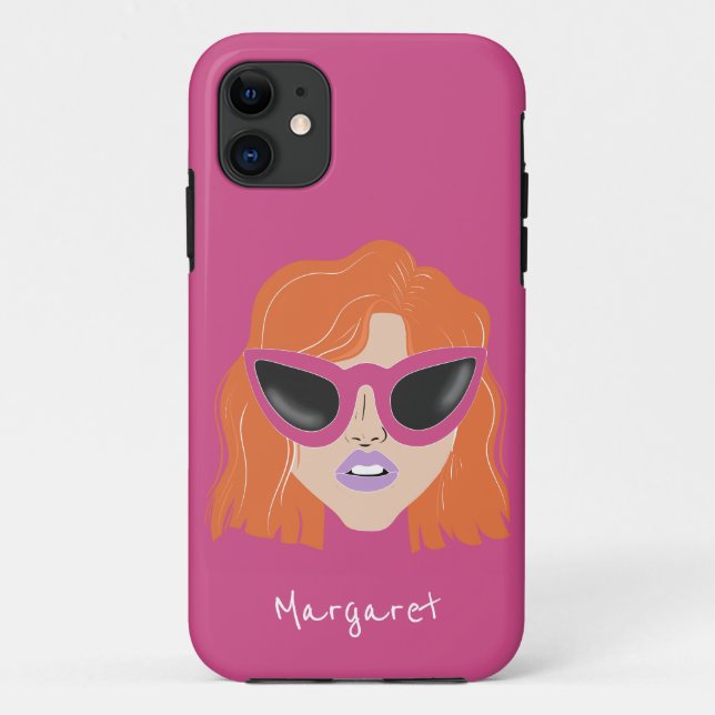 Capa Para iPhone 11 Ruiva legal com o nome personalizado rosa dos ócul (Verso)