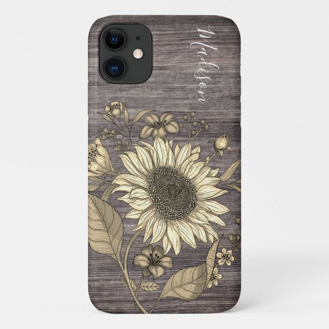 Capa Para iPhone 11 Rustic Floral Sunflower Monograma Name (Verso)