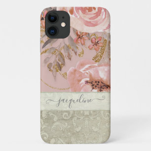 Capa Para iPhone 11 Rustic Vintage Flowers Terthy Pink Dourado Swirl