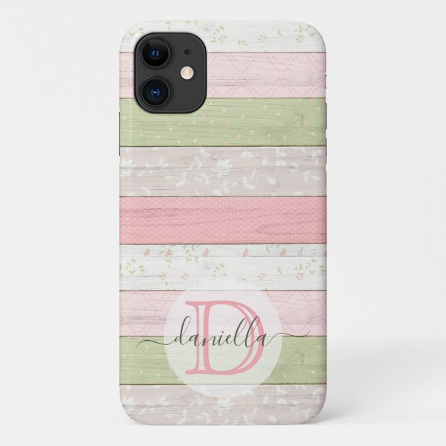 Capa Para iPhone 11 Sage Russo Verde e Madeira Floral Rosa Personaliza (Verso)