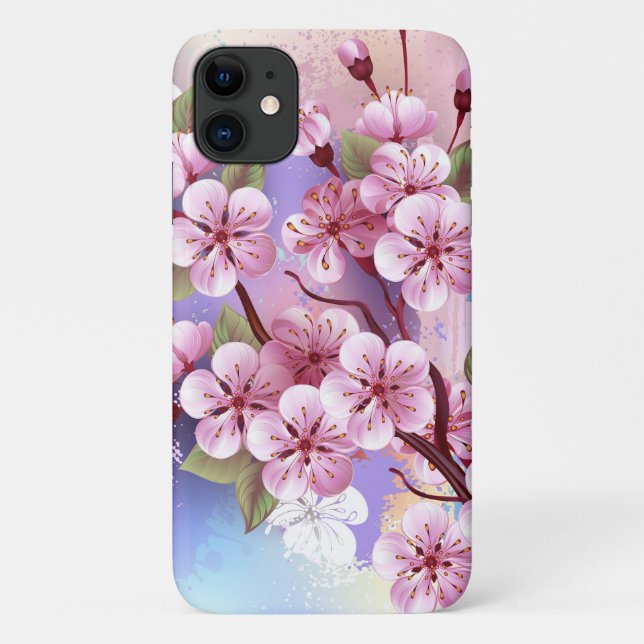 Capa Para iPhone 11 Sakura rosa no fundo da pintura (Verso)