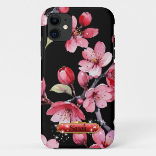 Capa Para iPhone 11 Sakura Vermelho Rosa Vibrante Fundo Preto