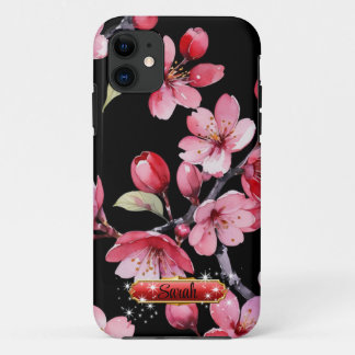 Capa Para iPhone 11 Sakura Vermelho Rosa Vibrante Fundo Preto