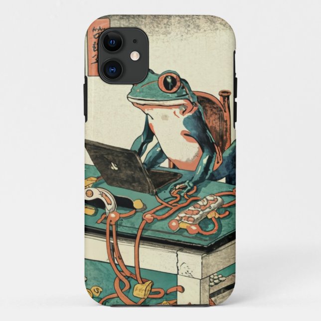 Capa Para iPhone 11 Sapo divertido trabalhando no computador | Sapo en (Verso)