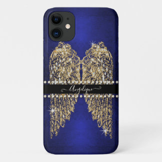 Capa Para iPhone 11 Sapphire Blue Dourado Angel Wings w Diamond Jewels