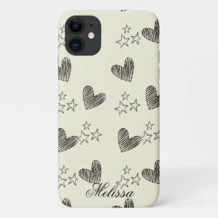 Capa Para iPhone 11 Script de estrelas de coração mínimo branco e pret