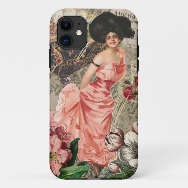 Capa Para iPhone 11 Senhora Café Mulher Vitoriana Rosa Vestido Rico (Verso)