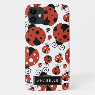 Capa Para iPhone 11 Seu Nome - Ladybugs, Ladybird - Preto Vermelho