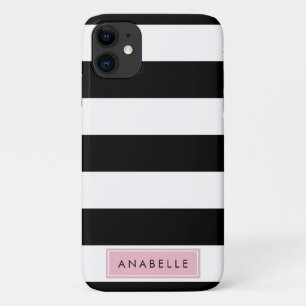 Capa Para iPhone 11 Seu Nome - Linhas Paralelas - Rosa Preta