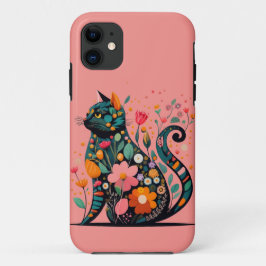 Capa Para iPhone 11 Silhueta de gato preto feita de flores coloridas