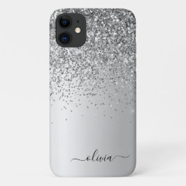 Capa Para iPhone 11 Silver Glitter Monograma Nome Luxury Girly