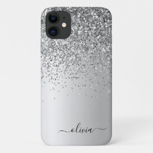 Capa Para iPhone 11 Silver Glitter Monograma Nome Luxury Girly