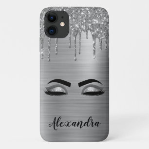 Capa Para iPhone 11 Silver Glitter Sparkle Eyelashes Monograma
