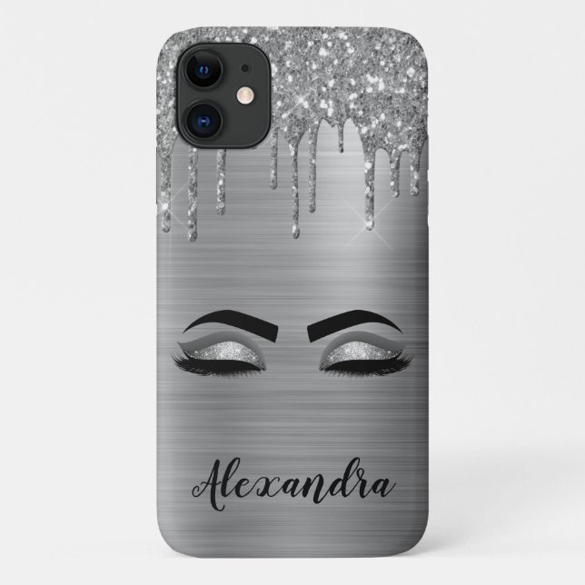 Capa Para iPhone 11 Silver Glitter Sparkle Eyelashes Monograma (Verso)
