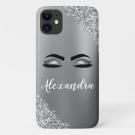 Capa Para iPhone 11 Silver Glitter Sparkle Eyelashes Monograma