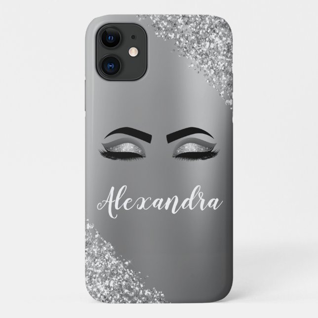 Capa Para iPhone 11 Silver Glitter Sparkle Eyelashes Monograma (Verso)