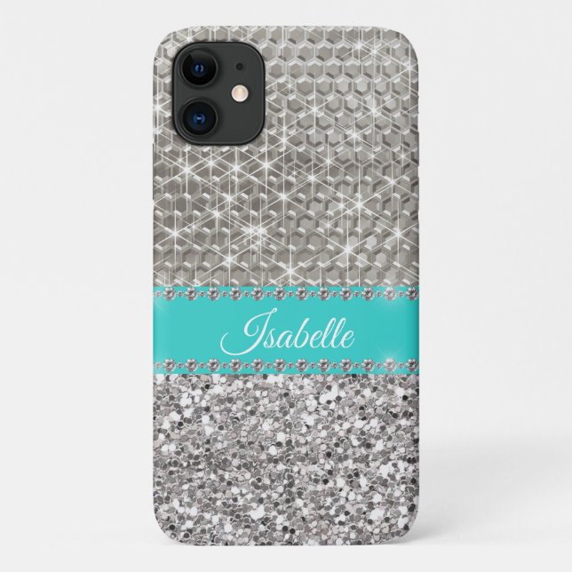 Capa Para iPhone 11 Silver Sparkle Glam Bling Personalizado Metal (Verso)