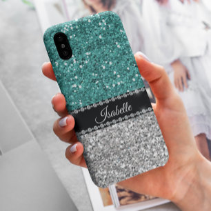 Capa Para iPhone 11 Silver Teal Sparkle Glam Bling Personalizado
