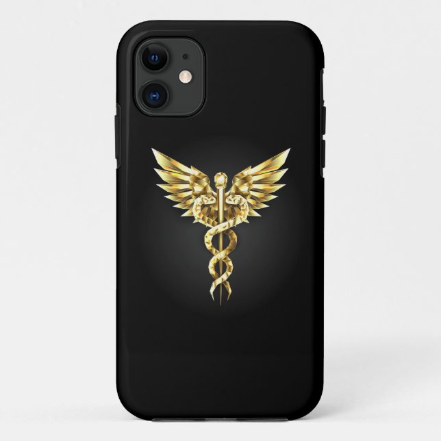 Capa Para iPhone 11 Símbolo Caduceu Poligonal Dourado (Verso)
