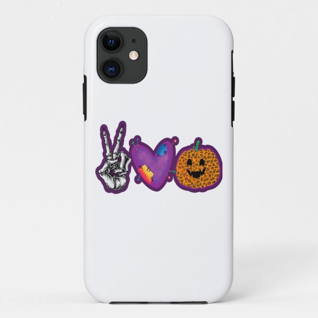 Capa Para iPhone 11 Skeleton Pumpkin Peace Love Halloween (Verso)