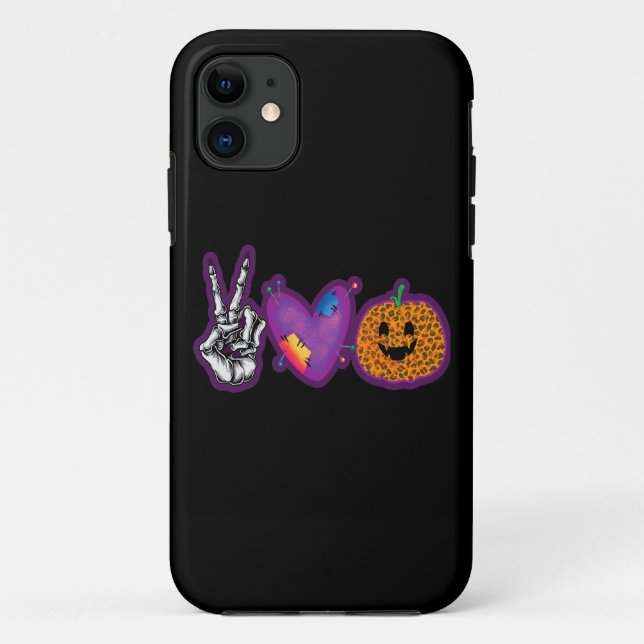 Capa Para iPhone 11 Skeleton Pumpkin Peace Love Halloween (Verso)