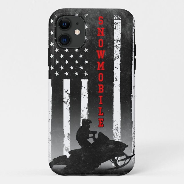 Capa Para iPhone 11 SNOWMOBILE AMERICAN FLAG BLACK Sled Winter Sport R (Verso)