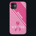 Capa Para iPhone 11 Sobrevivência do Câncer da Mama em Fita Rosa<br><div class="desc">Tema de sobrevivente de fita rosa em matizes cor-de-rosa e branca com tipografia "Eu sou um sobrevivente" e sua personalização.</div>