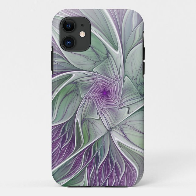 Capa Para iPhone 11 Sonho de Flor, Arte Fractal Verde Abstrato púrpura (Verso)