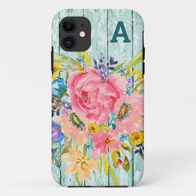 Capa Para iPhone 11 Spray Floral de Rosa de Aquarela com Inicial (Verso)