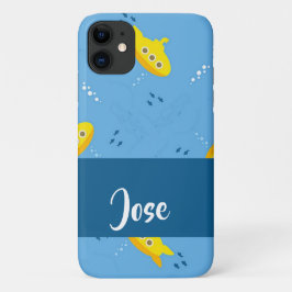 Capa Para iPhone 11 Submarino amarelo e peixe em azul