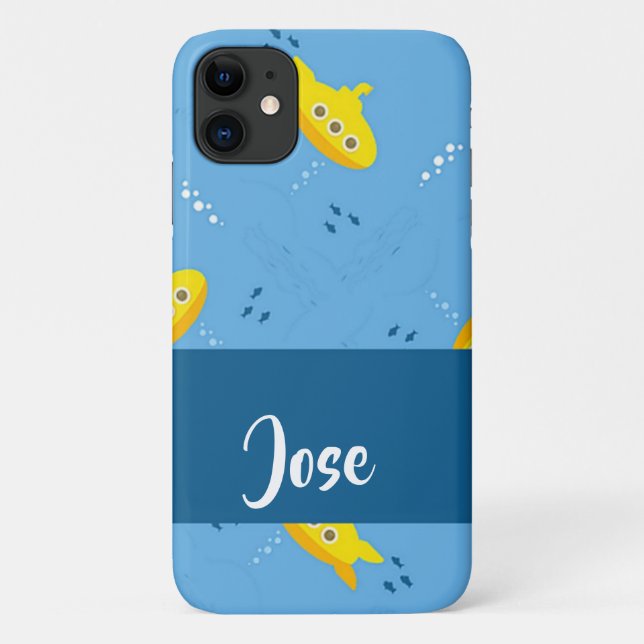 Capa Para iPhone 11 Submarino amarelo e peixe em azul (Verso)