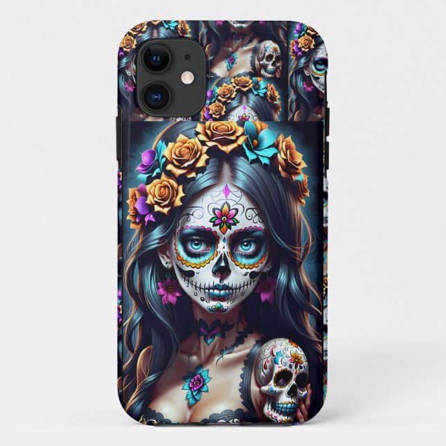 Capa Para iPhone 11 Sugar Skull Art - Fiesta das cores (Verso)