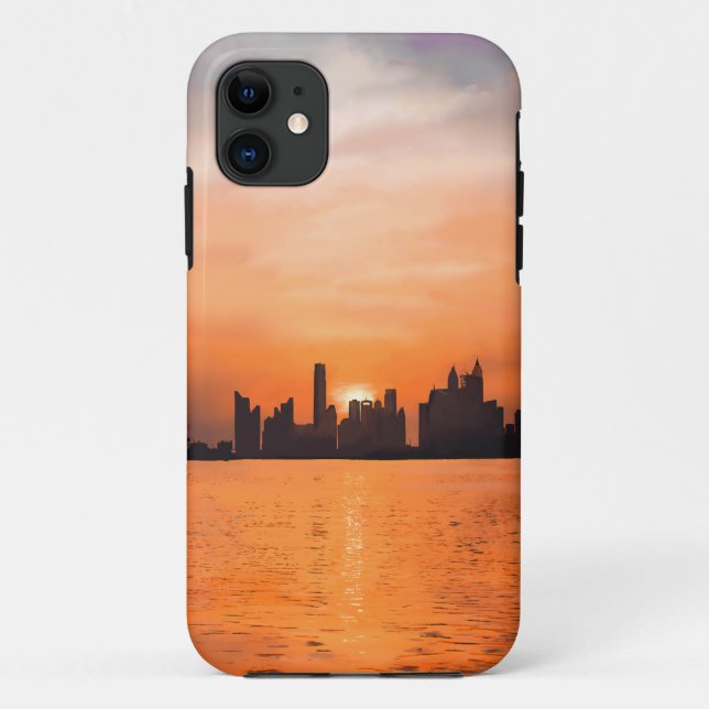 Capa Para iPhone 11 Sunset sobre uma cidade litorânea - aquarela (Verso)