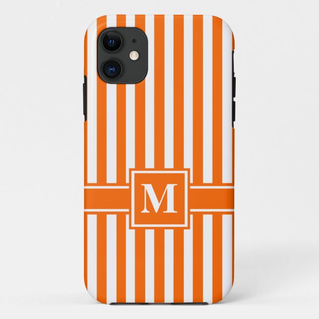 Capa Para iPhone 11 Tangerina Moderna Stripe com Monograma (Verso)