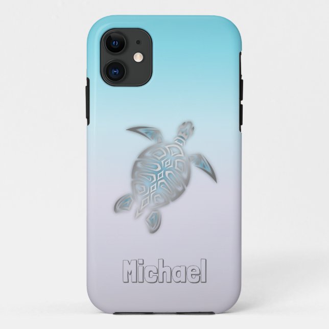 Capa Para iPhone 11 Tartarugas do mar Monograma de prata (Verso)