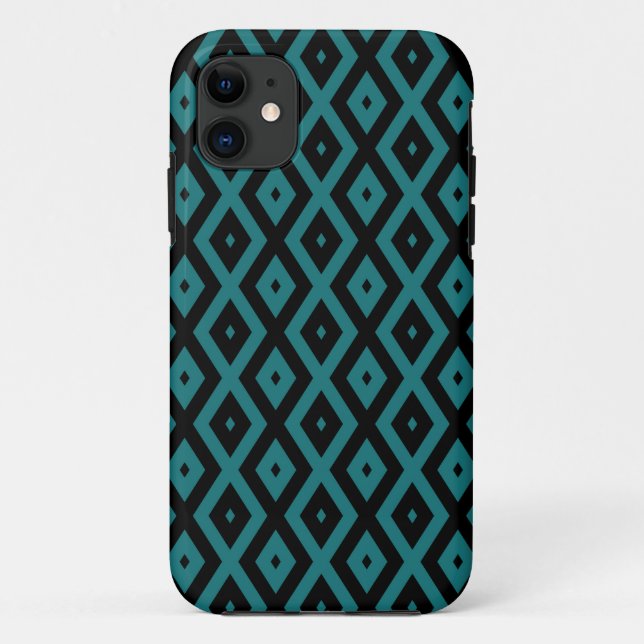 Capa Para iPhone 11 Teal and black diamond pattern (Verso)