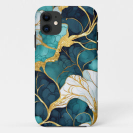 Capa Para iPhone 11 Teal Floral Japonês Dourado