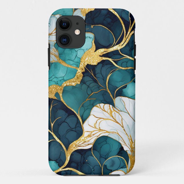 Capa Para iPhone 11 Teal Floral Japonês Dourado (Verso)
