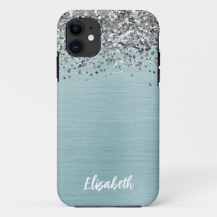 Capa Para iPhone 11 Teal Metallic Silver Glitter Girly Monographic Nom