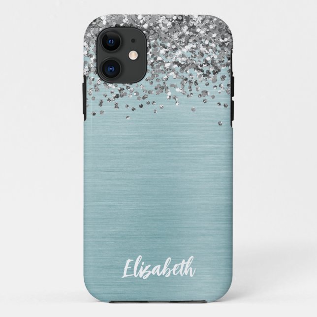 Capa Para iPhone 11 Teal Metallic Silver Glitter Girly Monographic Nom (Verso)