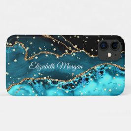 Capa Para iPhone 11 Teal, Preto e Agato Dourado, Grandes Estrelas Dour