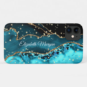 Capa Para iPhone 11 Teal, Preto e Agato Dourado, Grandes Estrelas Dour