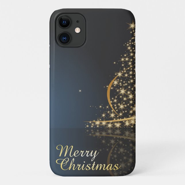 Capa Para iPhone 11 Tema de Natal Azul com Árvore de Natal dourada (Verso)