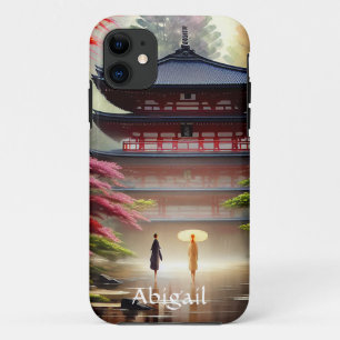 Capa Para iPhone 11 Templo Japonês Personalizado de Aquarela, Verde