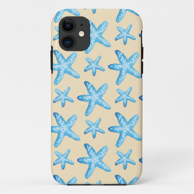 Capa Para iPhone 11 Teste padrão azul da estrela do mar da aguarela (Verso)