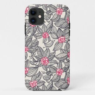 Capa Para iPhone 11 Teste padrão floral com pássaros dos desenhos