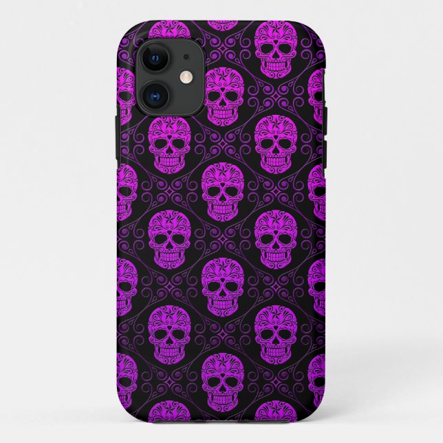 Capa Para iPhone 11 Teste padrão roxo e preto do crânio do açúcar (Verso)