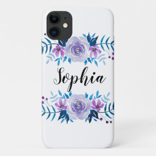 Capa Para iPhone 11 Texto Personalizado de Texto Floral Púrpura Azul-C